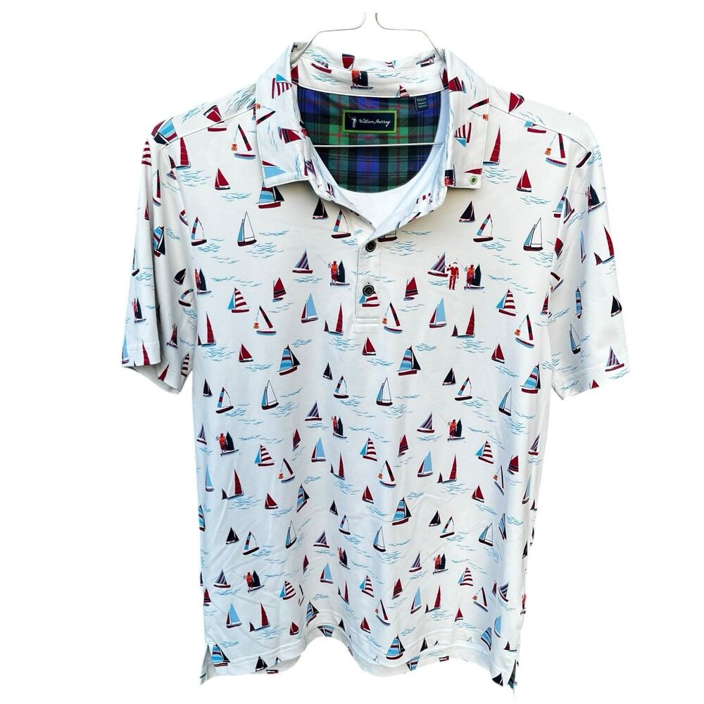 William Murray Ivory Golf Polo Shirt Mens M Sail Away Boat Print Nautical Wave
